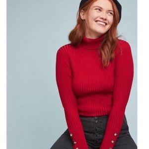 Anthropologie Red Ribbed Turtleneck Sweater